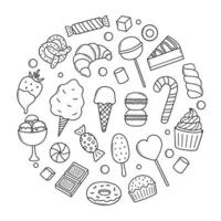 Sweets and candies doodle set. desserts in sketch style. Hand drawn vector illustration isolated on white background