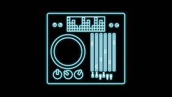 Blue neon dj console in vinyl old retro hipster vintage from 70s, 80s, 90s on black background. Vector illustration