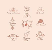 Christmas labels with lettering drawing in hand sketch style on peach background vector