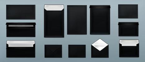 Black envelopes template set. Blank paper covers vector