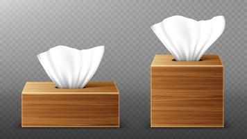 Paper napkin in wooden boxes mockup, open packages vector