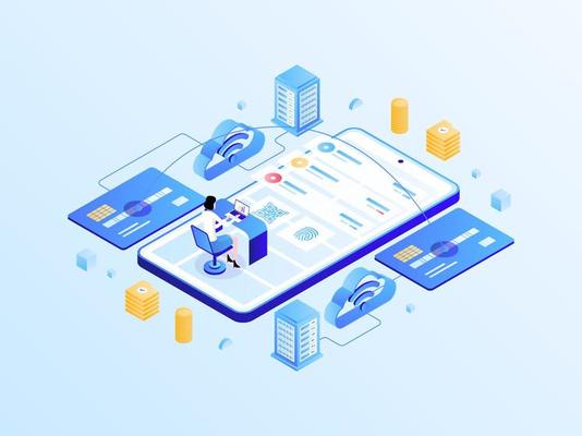 Mobile Transfer Isometric Light Gradient Illustration. Suitable for Mobile App, Website, Banner, Diagrams, Infographics, and Other Graphic Assets.