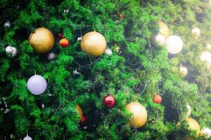 Background for Christmas season. Close-up shot of a beautiful decorated fir tree. photo