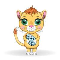 Cartoon lion with Easter egg. Easter holiday, greeting card vector