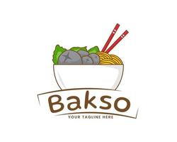 Bakso or meatball with Noodle and Vegetable logo icon. Flat cartoon style. Asian Food concept design. Indonesian traditional street food. Vector art illustration isolated white background