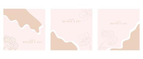 Happy Mother's Day vector greeting card set with beautiful flowers and hearts. Line drawing of flowers. One line minimalist style illustration for banner