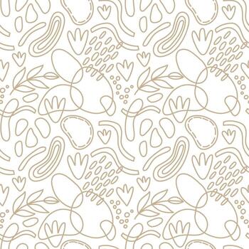 Vector seamless pattern. Abstract repetitive ornament for surface design, printing on paper and fabric. Handdrawn waves, shapes, circles, flowers, leaves, branches. Background for social media post.