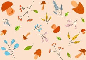 Lovely mushrooms, flowers and leaves arranged alternately. On a brown background, design for clothes, cover pattern, bags, towels, blankets, baby items, fabric pattern. vector