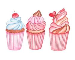 Watercolor cupcake clipart set for Valentine Day and other events vector