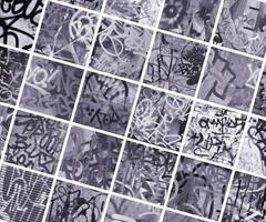 A set of many small fragments of tagged walls. Graffiti vandalism abstract background collage photo