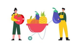 Tiny farmer and selling fresh farm vegetables to buyer illustration concept vector