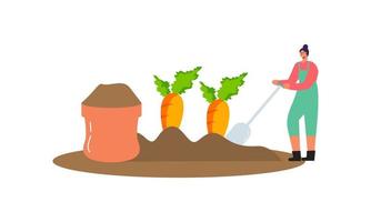 Tiny farmer and selling fresh farm vegetables to buyer illustration concept vector