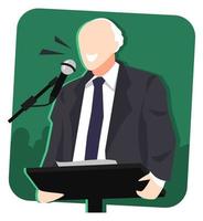 ilustración de un anciano dando un discurso en un lugar público. con micrófono y fondo verde. el concepto de temas políticos, conferencias, campañas, comunicación, etc. vector plano