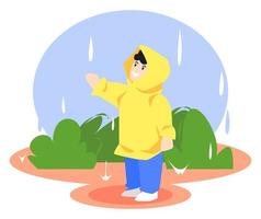 ilustración de un niño pequeño con un impermeable amarillo jugando bajo la lluvia. fondo de hierba, gotas de lluvia, cielo azul. adecuado para temas infantiles, juegos, etc. vector plano