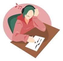 illustration of young woman listening to music from headphones while writing. features a tone icon. the concept of the theme of hobbies, doing assignments, studying, relaxing. flat vector