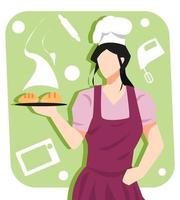 illustration of female chef cooking cake, bread. green background. microwave, rolling pin, mixer icon. cooking concepts, hobbies, professions, food, etc. flat vector