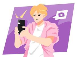 illustration of handsome teenage man taking a photo using a smartphone. camera icon. the concept of the theme of activities, hobbies, work, etc. flat vector