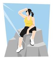 ilustración de una mujer hermosa cansada después de hacer ejercicio. sentado en las rocas. exterior. luz solar. el concepto de deportes, salud, estilo de vida, belleza. vector plano