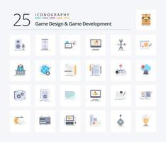 diseño de juegos y desarrollo de juegos Paquete de iconos de 25 colores planos que incluye editor. animación. reloj de arena. publicación. juego vector