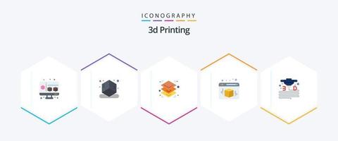 Paquete de 25 iconos planos de impresión 3d que incluye un gadget. web. 3d. cubo. d vector