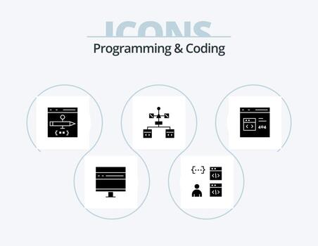 programación y codificación glyph icon pack 5 diseño de iconos. . desarrollar. vector