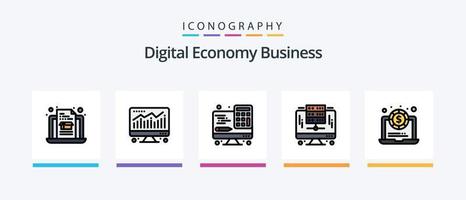 Digital Economy Business Line Filled 5 Icon Pack Including . file. graph. computer. Creative Icons Design vector