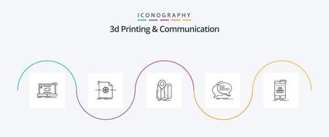 Paquete de iconos de línea 5 de impresión y comunicación en 3d que incluye comunicación. burbuja. objeto. ruta. mapa vector