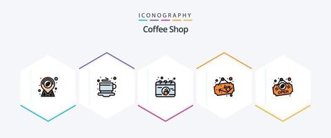 Coffee Shop 25 FilledLine icon pack including sign. open. break. sign board. cup vector