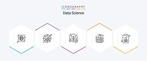 paquete de iconos de 25 líneas de ciencia de datos que incluye servidor. datos. red. grande. posicionamiento web vector