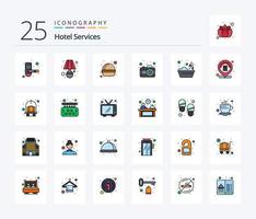 paquete de iconos llenos de 25 líneas de servicios de hotel que incluye hotel. baño. hamburguesa. imagen. cámara vector