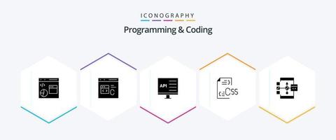paquete de iconos de 25 glifos de programación y codificación, incluido el desarrollo. codificación. desarrollar. desarrollo. computadora vector