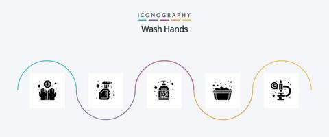 Wash Hands Glyph 5 Icon Pack Including soapy water. hand washing. virus. basin. hand vector