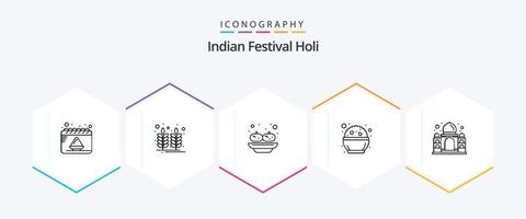 paquete de iconos holi de 25 líneas que incluye mahal. phirni. alimento. día. alimento vector