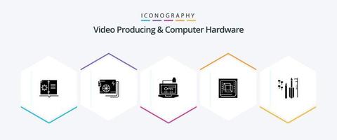 Video Producing And Computer Hardware 25 Glyph icon pack including hardware. computer. supply. chip. key vector