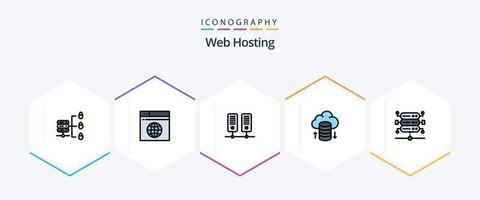 paquete de iconos de 25 líneas completas de alojamiento web que incluye . servidor. datos. red. red de alojamiento vector