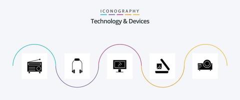 Devices Glyph 5 Icon Pack Including multi media. film. computer. projector. gallery vector