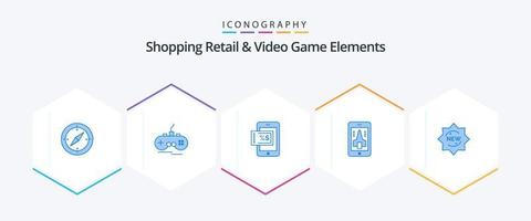 Compras minoristas y elementos de videojuegos Paquete de 25 iconos azules que incluye una pegatina. nuevo. móvil. teléfono inteligente jugando vector