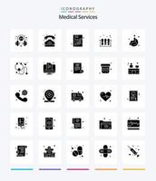 servicios médicos creativos paquete de iconos negros sólidos de 25 glifos como rueda. tina. teléfono. prueba. médico vector