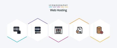 paquete de iconos de 25 líneas completas de alojamiento web que incluye sal. base de datos. servidor. SSL documento vector