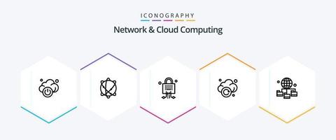 Network And Cloud Computing 25 Line icon pack including technology. globe. locked. technology. refresh vector