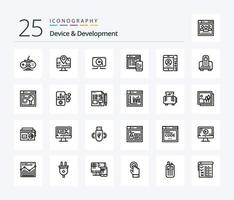 paquete de iconos de 25 líneas de dispositivo y desarrollo, incluida la celda. móvil. música . sitio web. sensible vector