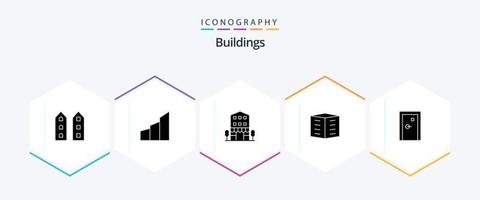 paquete de iconos de 25 glifos de edificios, incluido el edificio de la ciudad. apartamentos edificio moderno. tiendas minorista vector