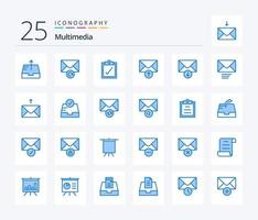 paquete de iconos multimedia de 25 colores azules que incluye correo. bandeja de entrada. correo. controlar. mensaje vector
