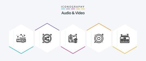 Audio And Video 25 Line icon pack including control. video. delete. stop. audio vector