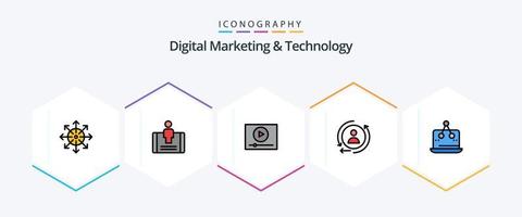 marketing digital y tecnología paquete de iconos de 25 líneas completas que incluye digital. remarketing social. marketing. marketing vector