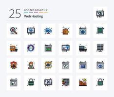 paquete de iconos rellenos de 25 líneas de alojamiento web que incluye web. página. navegador. mundo. en línea vector