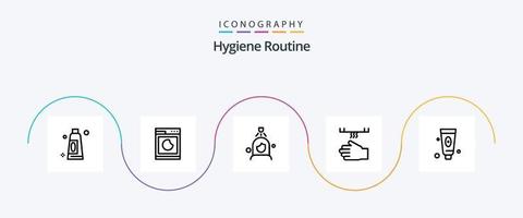 paquete de iconos de la línea 5 de rutina de higiene que incluye cosméticos. mano. ducha. secadora. baño vector