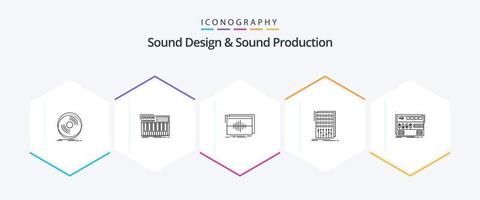 Sound Design And Sound Production 25 Line icon pack including mix. audio. synthesiser. wave. hertz vector