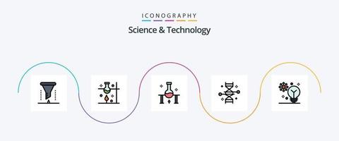 La línea de ciencia y tecnología llenó el paquete de iconos planos 5 que incluye el aprendizaje profundo. inteligencia artificial. experimento científico. investigación genética. Ingeniería genética vector