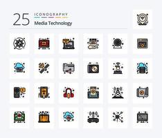 Media Technology 25 Line Filled icon pack including media player. film. lcd. director. message vector